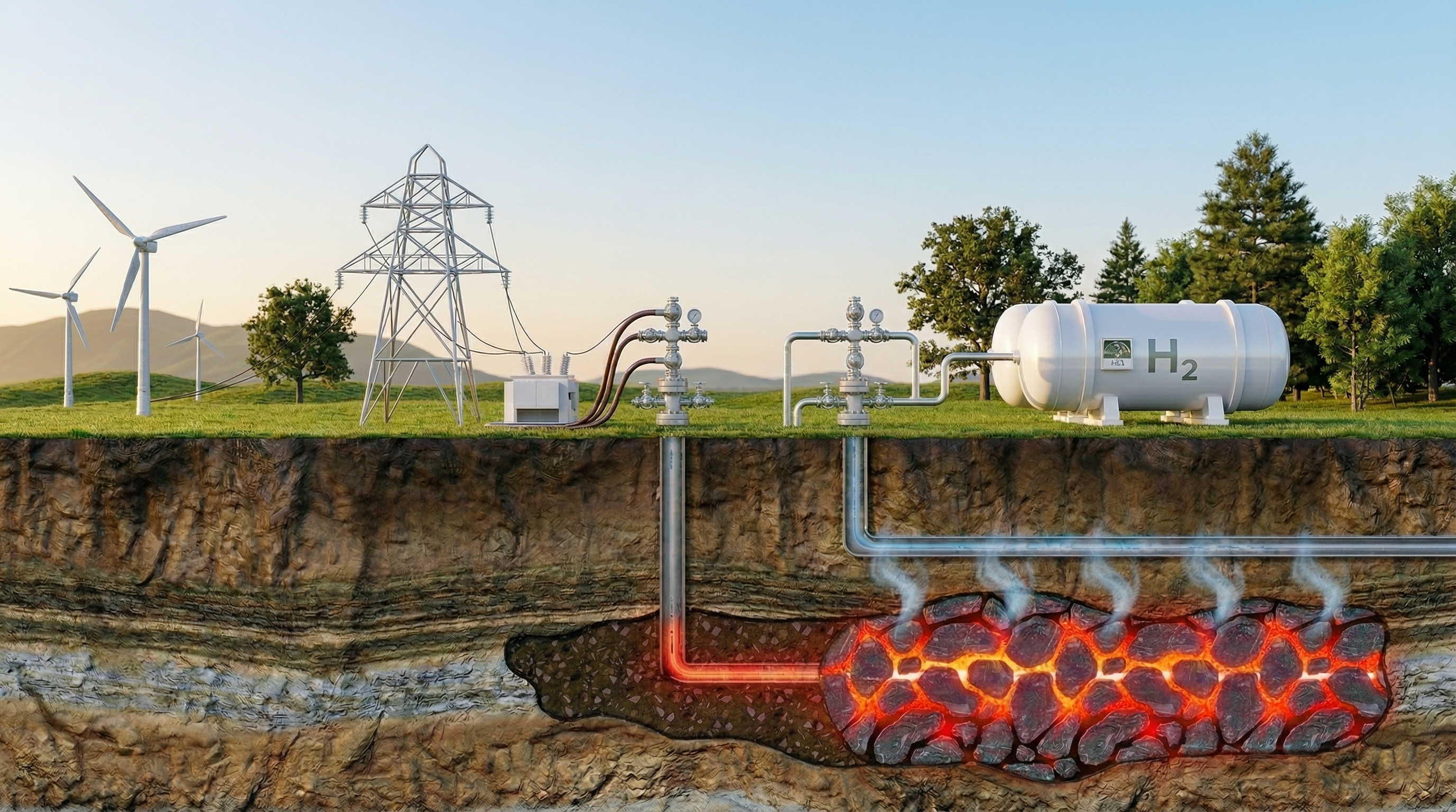 Manufactured Subsurface Hydrogen (MSSH) diagram showing surface infrastructure and underground heater and producer wells